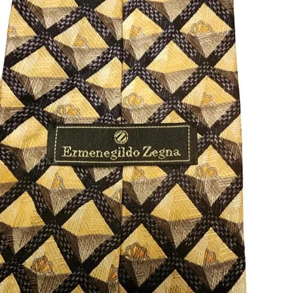 Vintage Ermenegildo Zenga Tie Gold Gray Patterns Made in Itlay 100% Silk - Picture 4 of 8